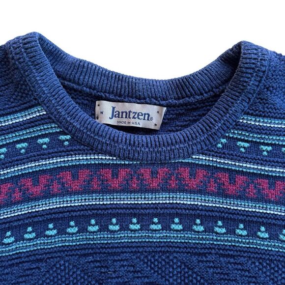 Vintage Jantzen Geo Striped Acrylic Sweater Size M Crewneck Grandpa Dad Preppy - Picture 3 of 8
